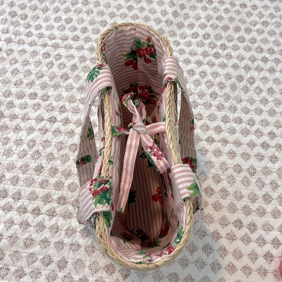 Laura Ashley Vintage Straw Tote Shoulder Bag Pink White Floral Stripe Bow Detail - Picture 9 of 17